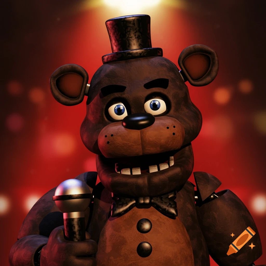Freddy Fazbear holding a microphone on a stage.