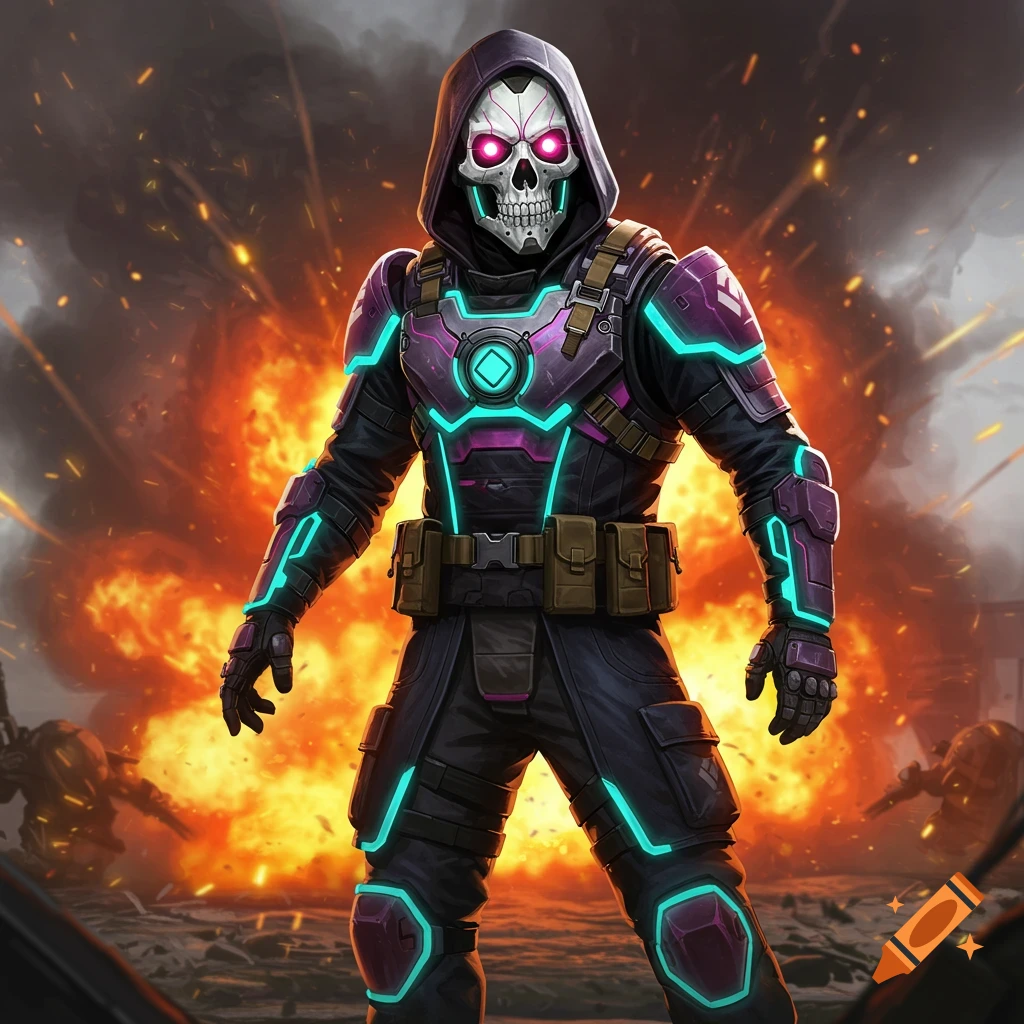 Cartoon style character with skull mask and glowing futuristic armor on a battlefield with explosions.