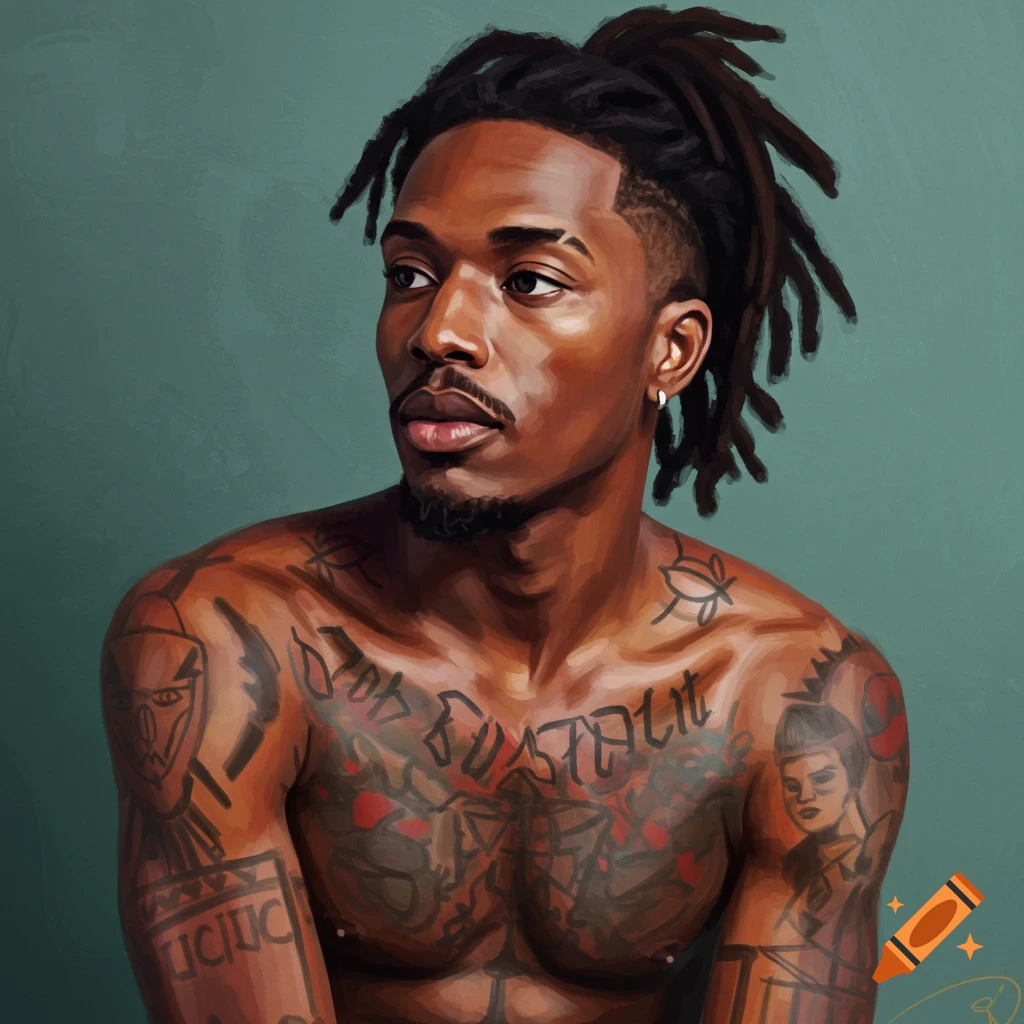 A man with dreadlocks and chest tattoos looking away