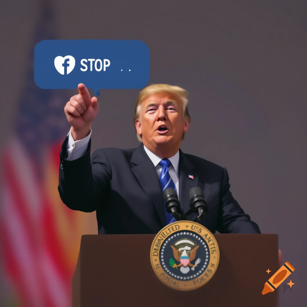 Donald Trump at a podium, pointing up at a blue speech bubble with a social media icon and the text 'f STOP ..'