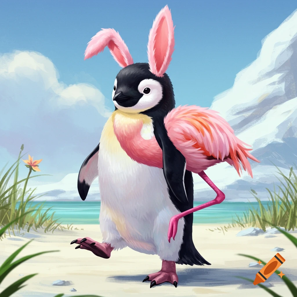 A penguin with bunny ears and flamingo parts walking on a beach.