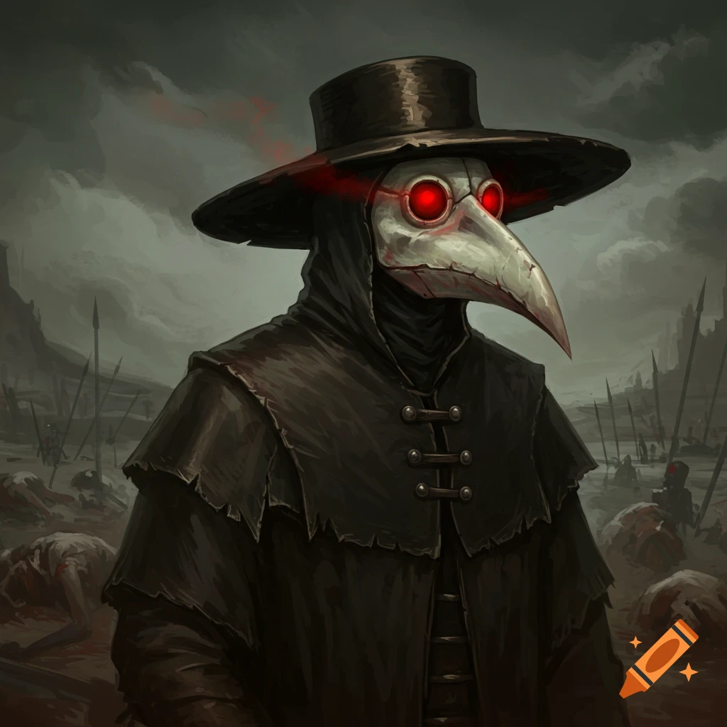 A plague doctor with red eyes stands in a dark, desolate scene filled with bodies and spears