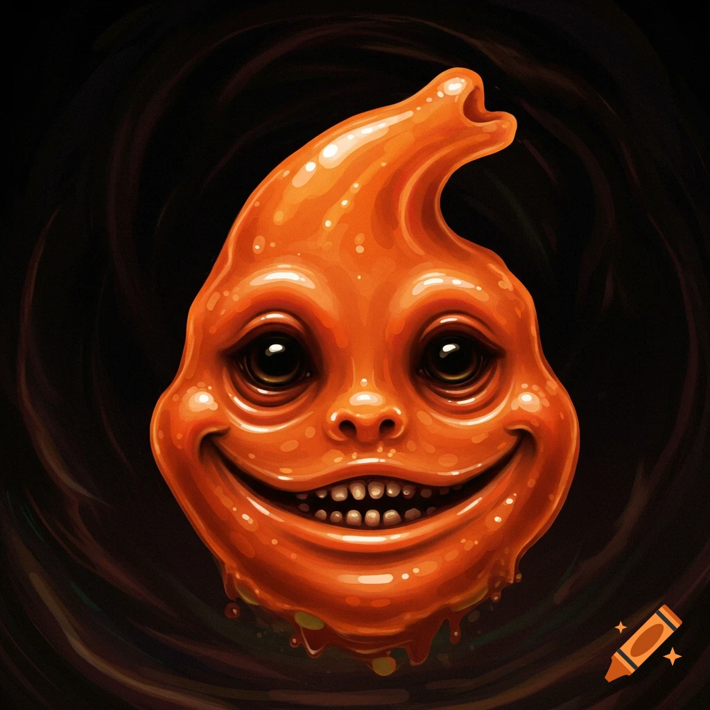 A creepy orange goo monster head with a wide smile against a dark background.