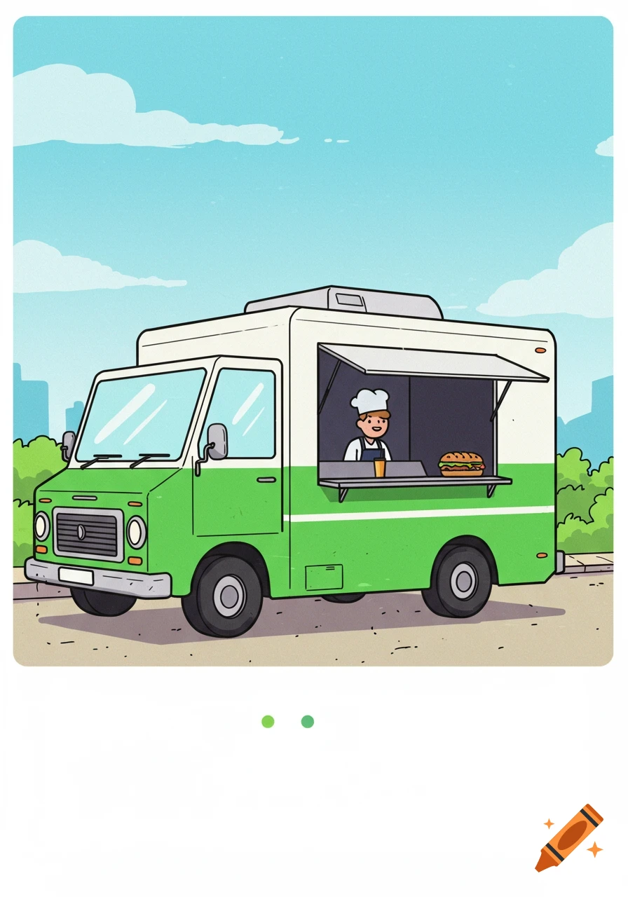 Green and white cartoon food truck with a chef selling a burger and drink.