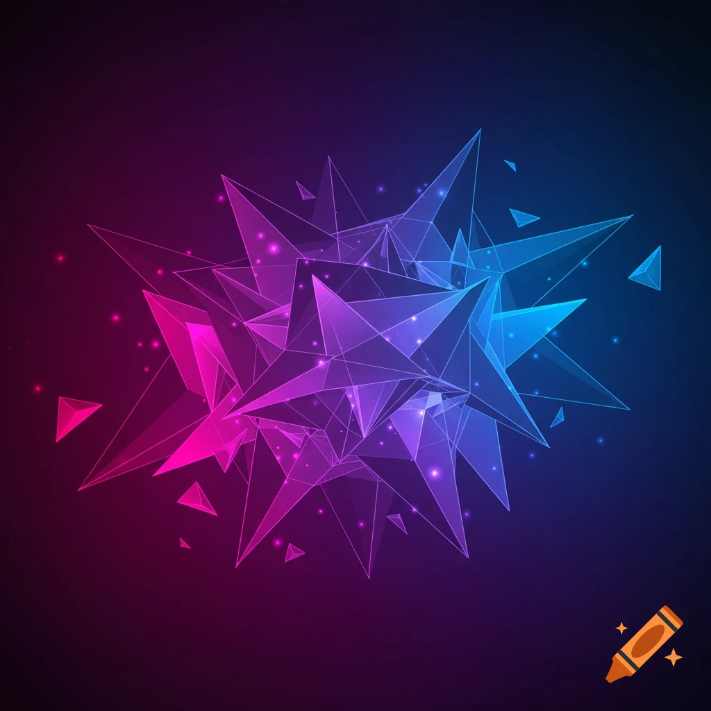 Abstract geometric shape made of interconnected triangles with glowing lines and points, transitioning from pink to blue.