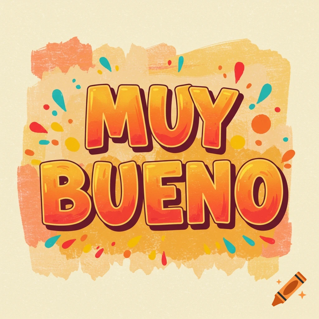 Stylized orange text 'MUY BUENO' on a textured background with colorful splashes.