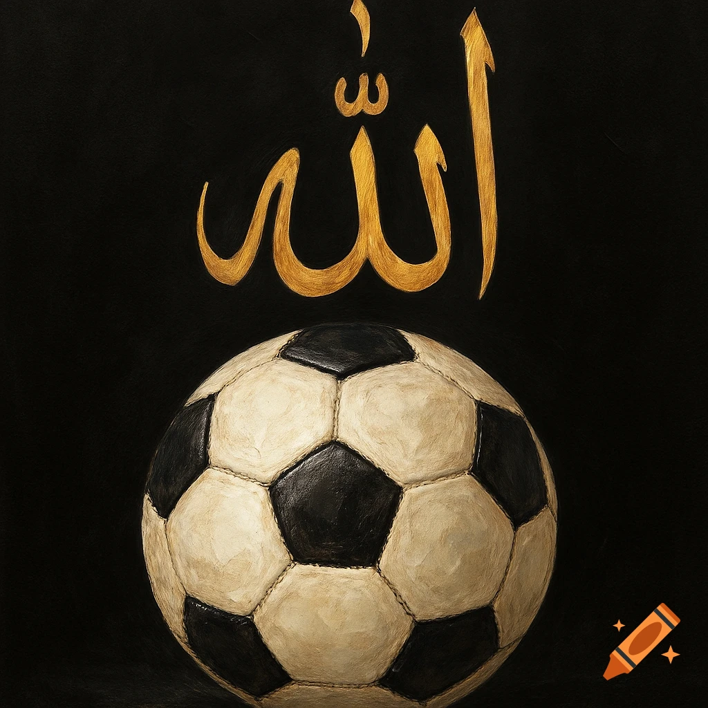 A soccer ball with golden Arabic calligraphy for Allah above it on a black background.