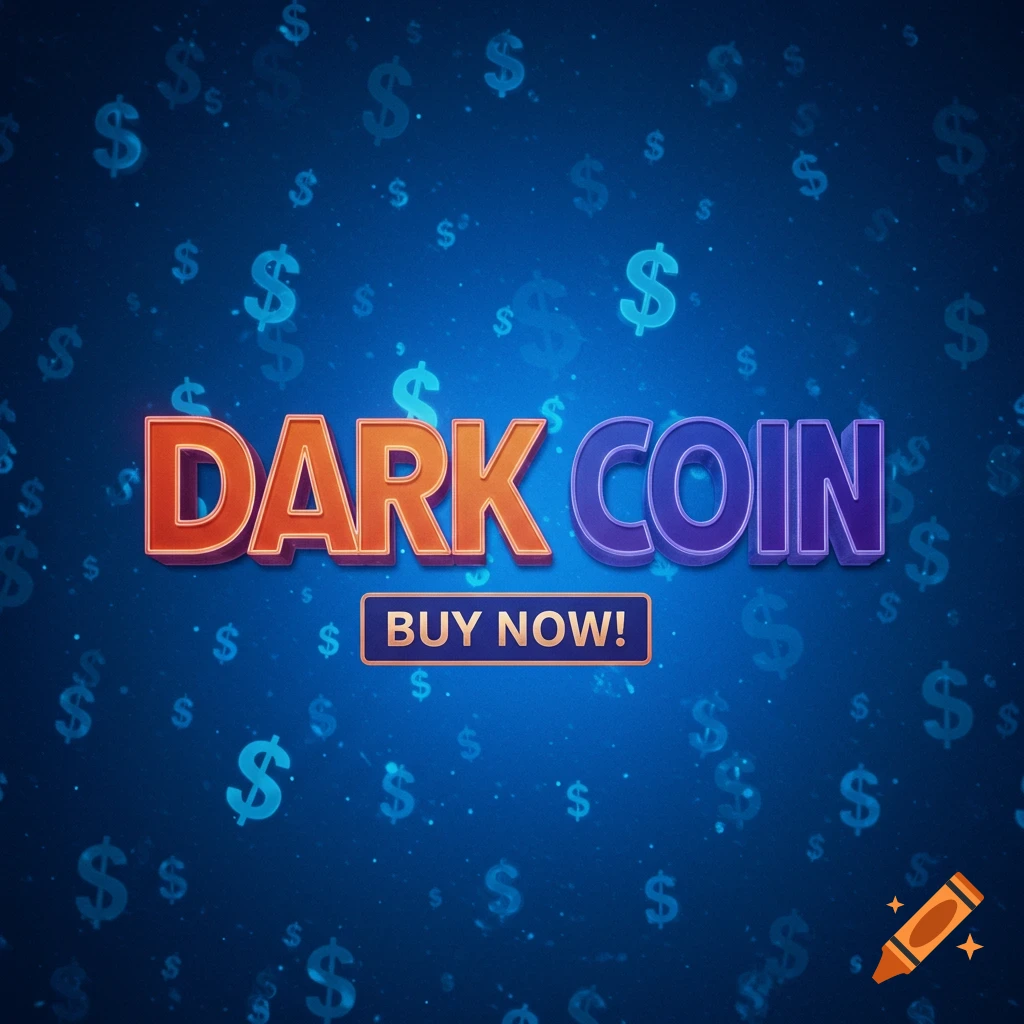Text 'DARK COIN' and 'BUY NOW!' over a blue background with dollar signs.