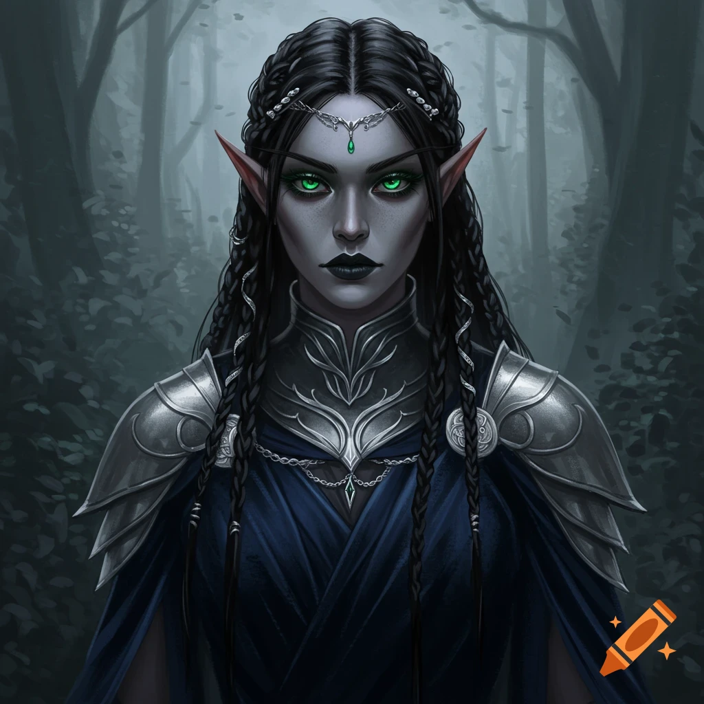 A dark elf with green eyes wearing armor in a forest