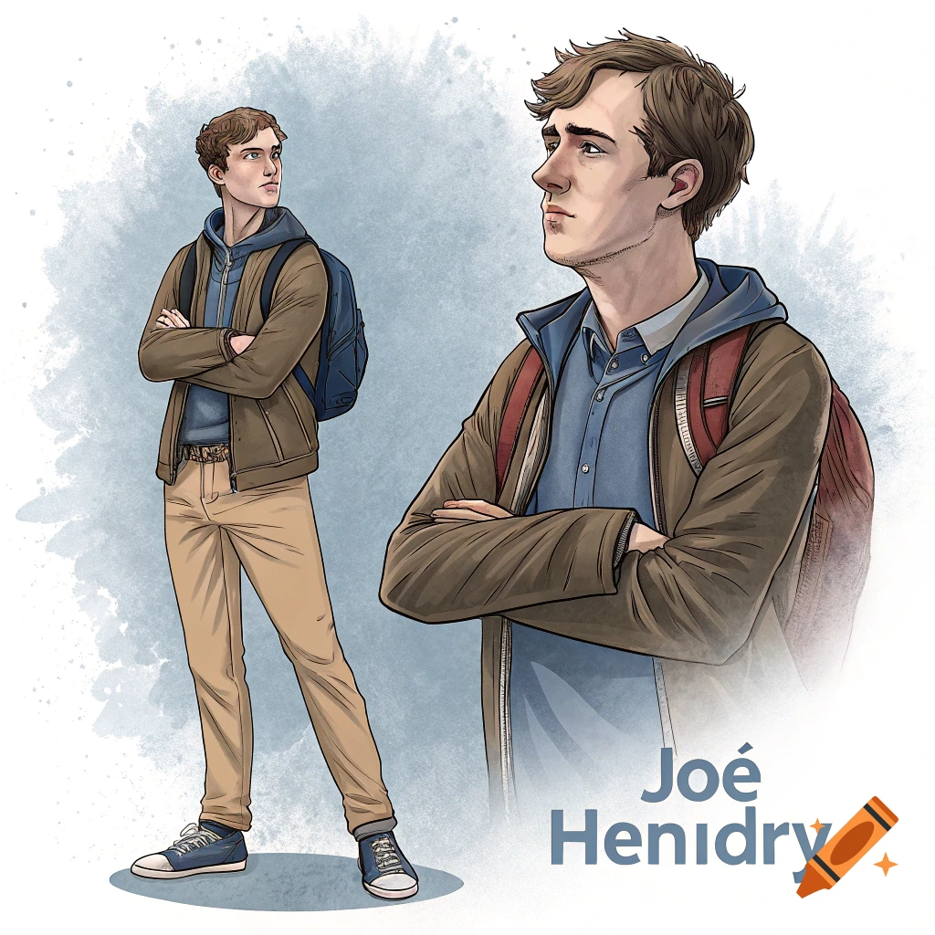 Illustration of a man with a backpack, shown full body and in a profile view. The name Joe Hendry is at the bottom.