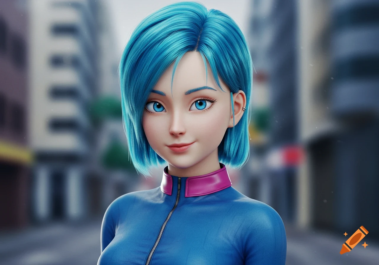 A woman with blue hair and blue eyes wears a blue jacket.
