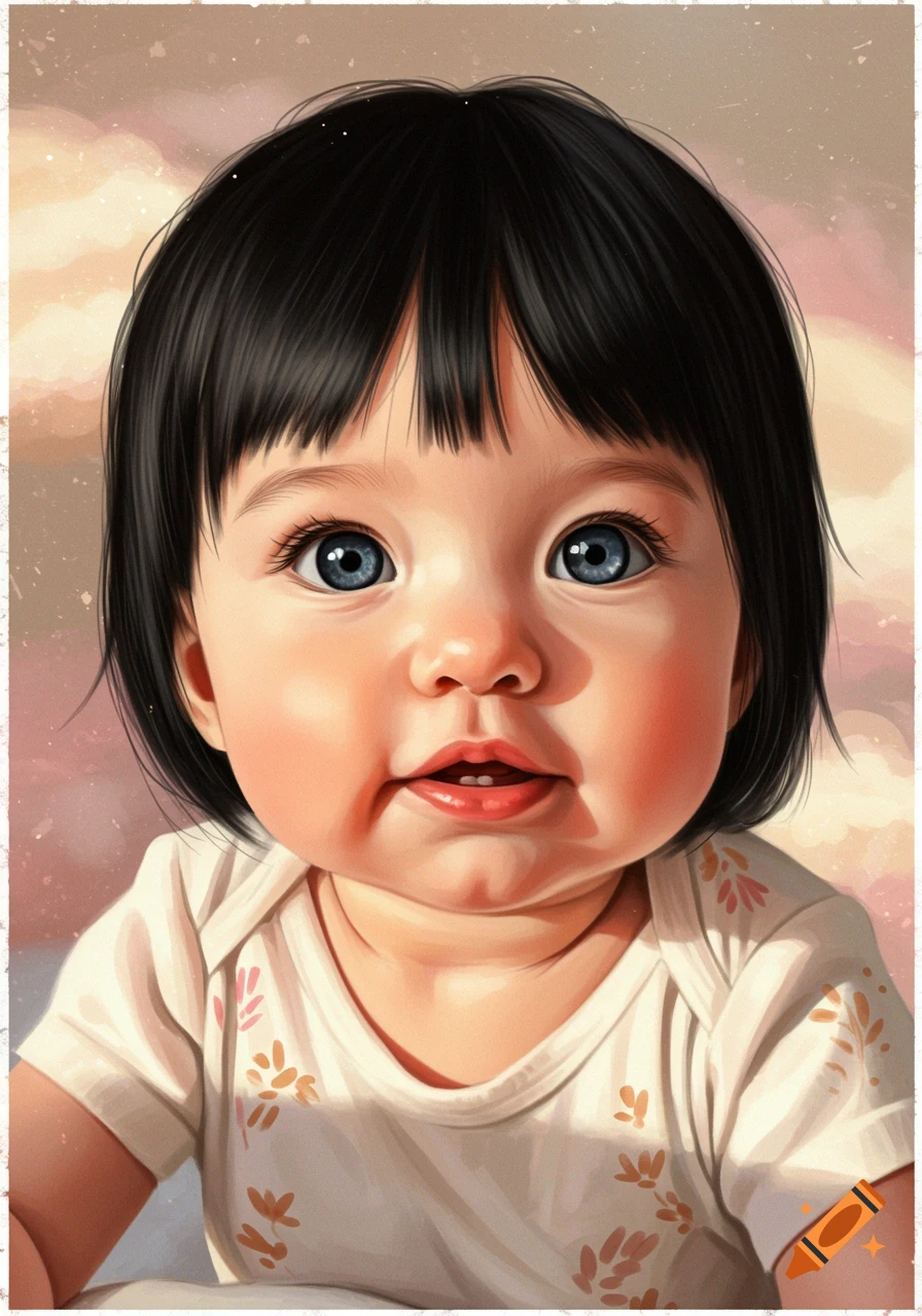 A baby with black hair, blue eyes, wearing a white onesie.