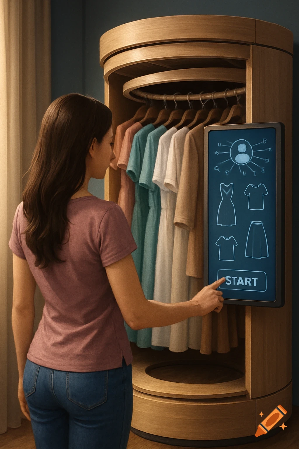 A woman uses a digital touch screen on a rotating smart closet displaying clothing options.