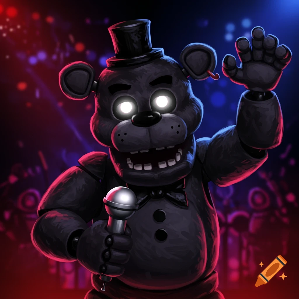 Freddy Fazbear is on stage holding a microphone and waving.