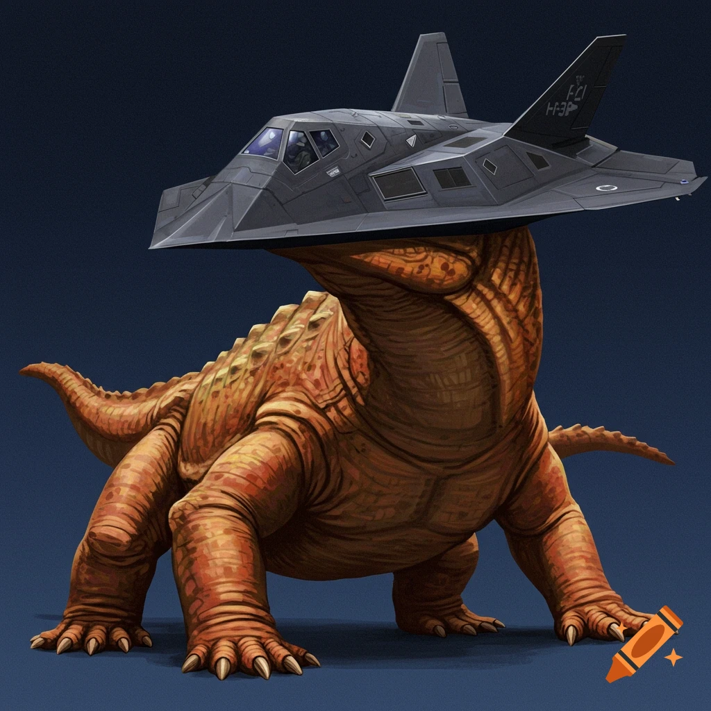 An orange scaly creature has a black stealth jet as its head.