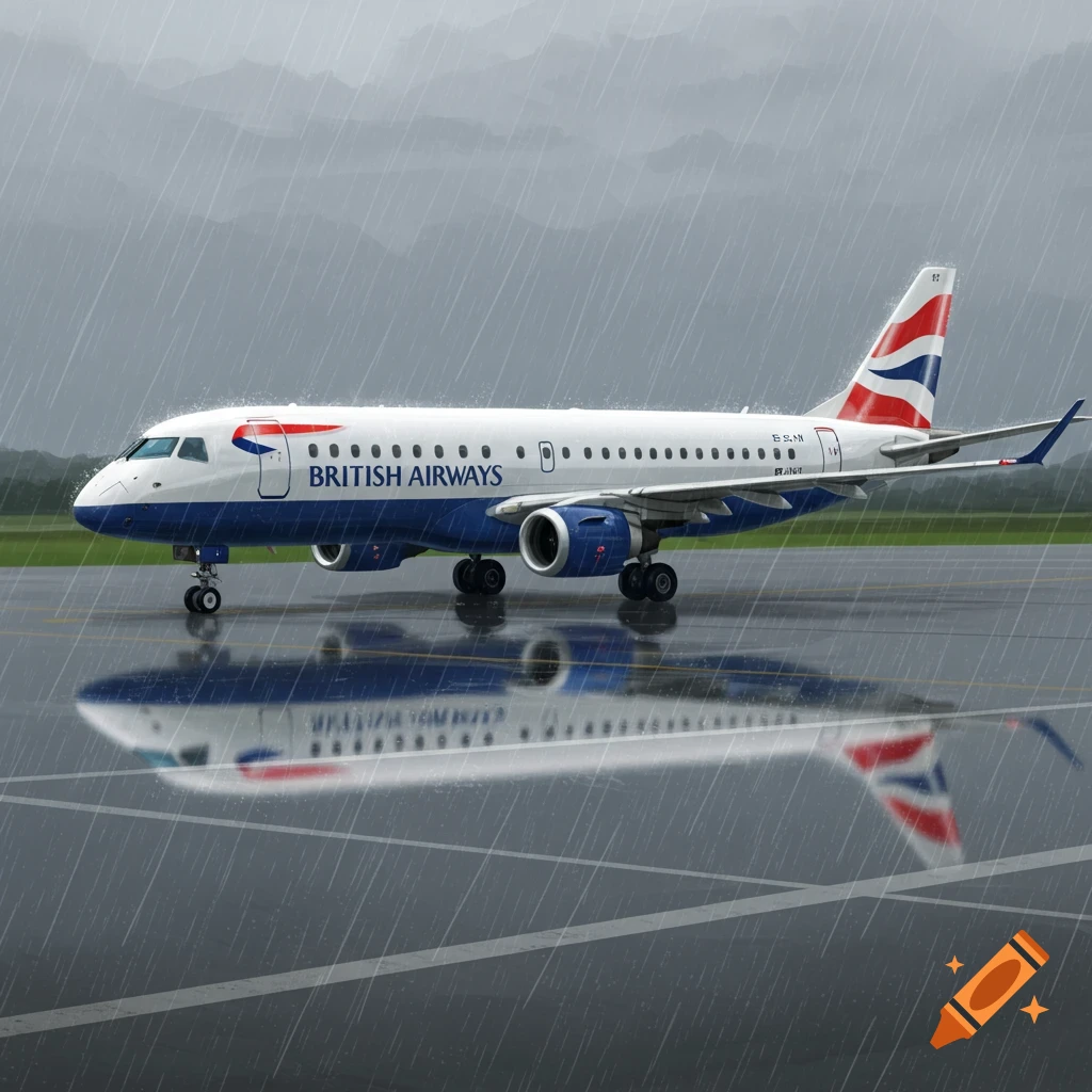 A British Airways Embraer 195 is on a wet runway in the rain.