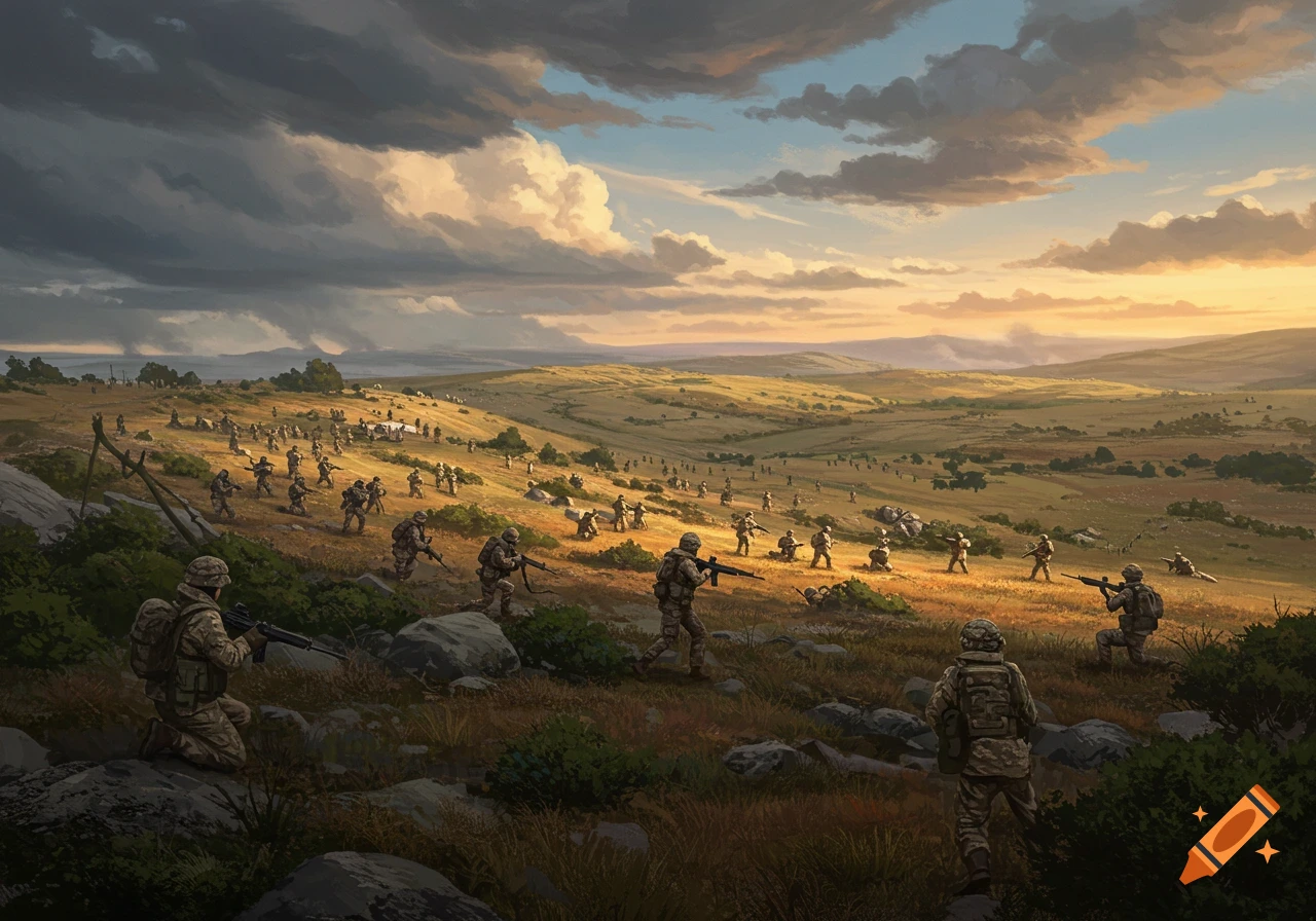 Soldiers spread across a hilly landscape at sunset.