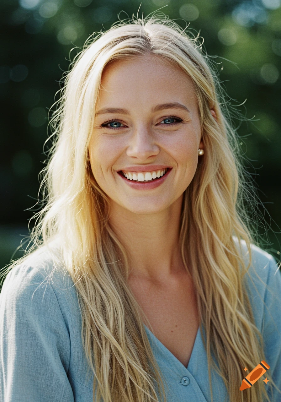 Close-up photorealistic portrait of a smiling blonde woman.