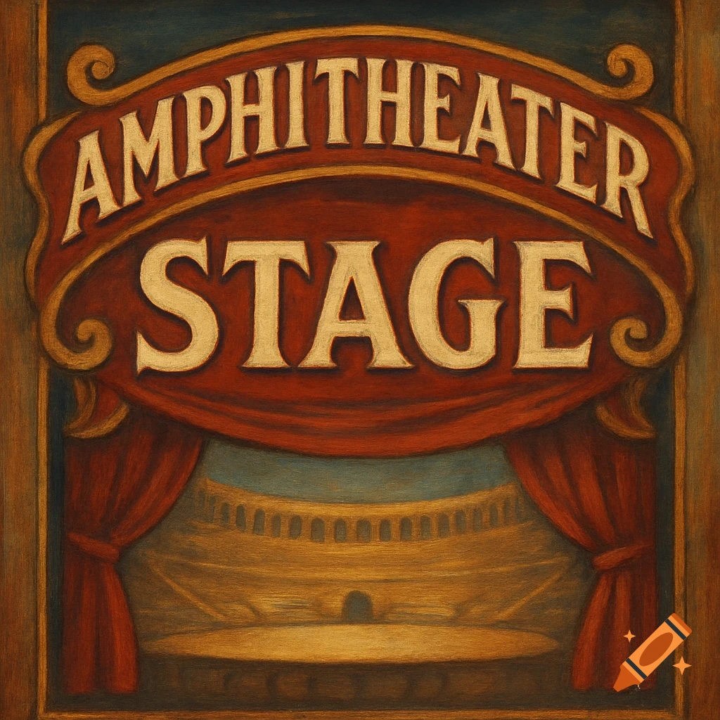 A sign that reads "Amphitheater Stage" is above red curtains and a view of an amphitheater is visible.