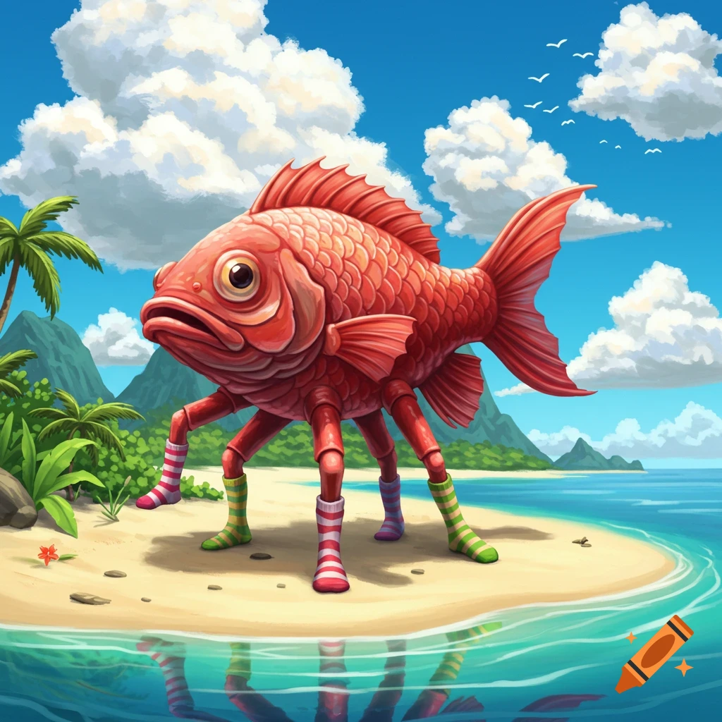 A red fish with six legs and striped socks stands on a tropical beach.