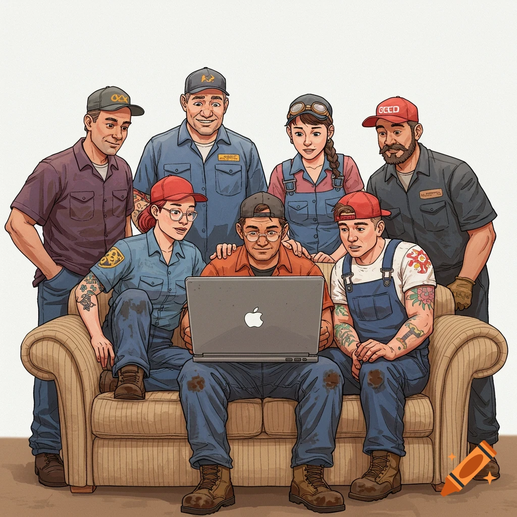 A group of mechanics gathered around a laptop on a couch.