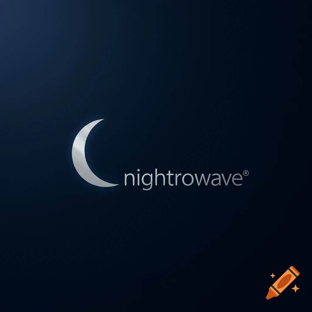 A minimalist logo featuring a silver crescent moon next to the word "nightrowave" on a dark blue background.