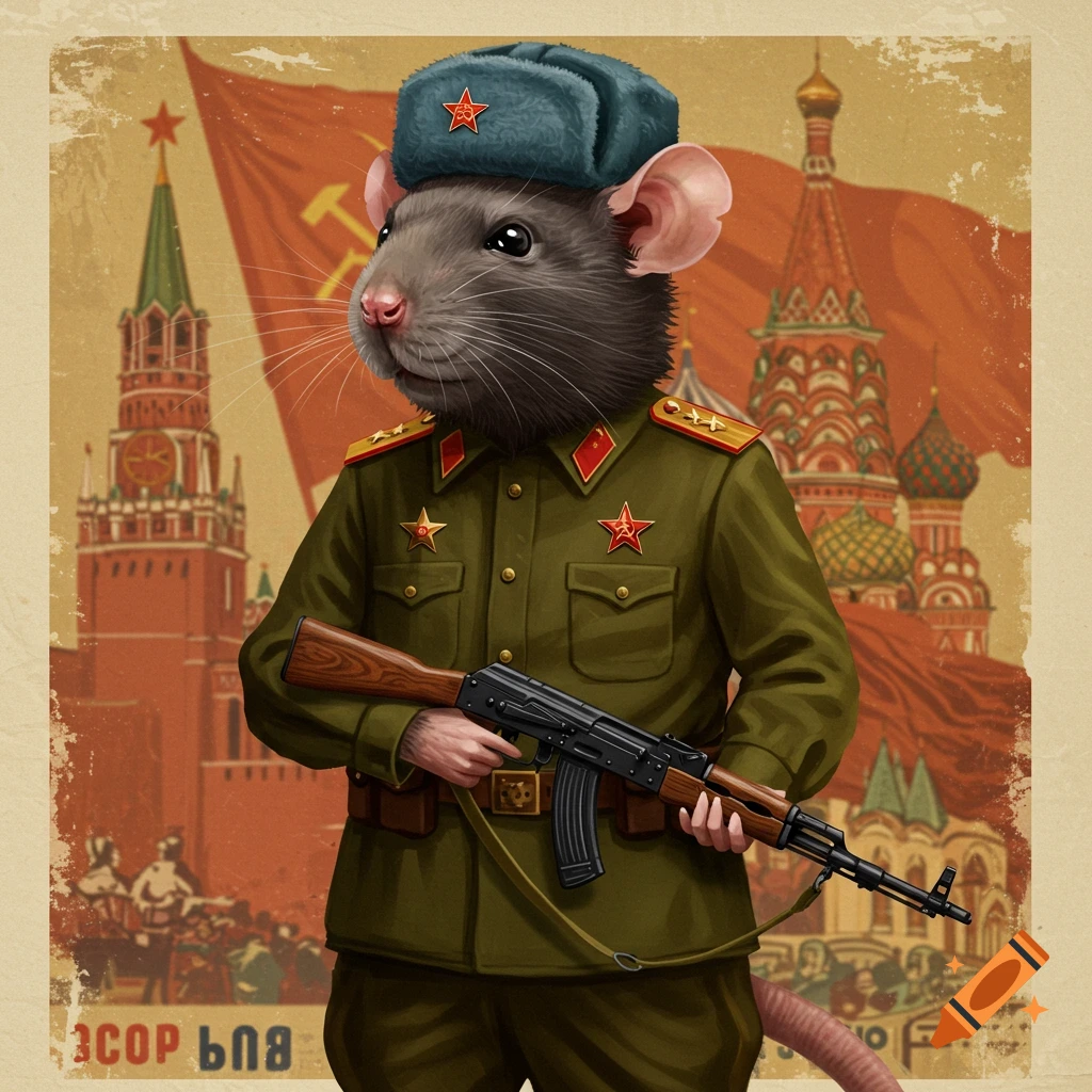 A rat in a Soviet military uniform holds a rifle, with the Kremlin and a red flag in the background.