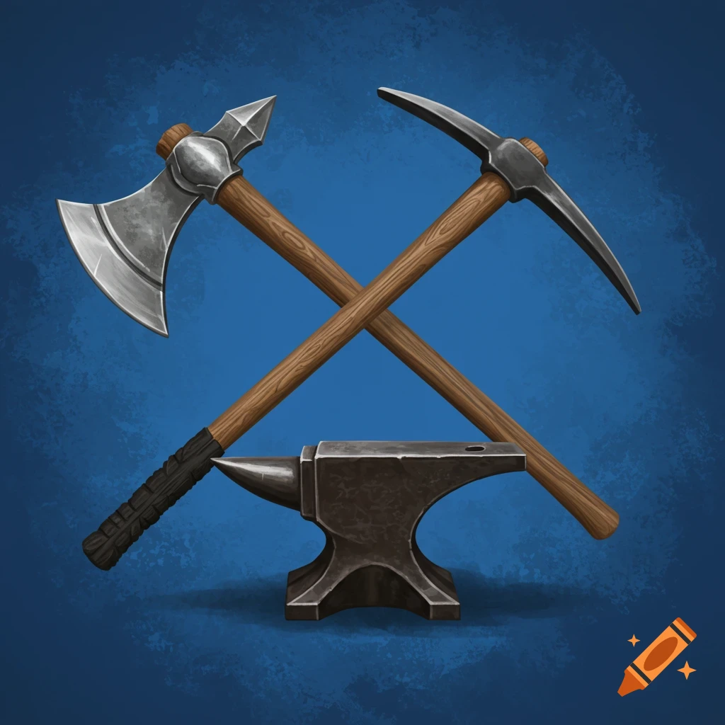 A crossed axe and pickaxe are positioned above an anvil on a blue background.