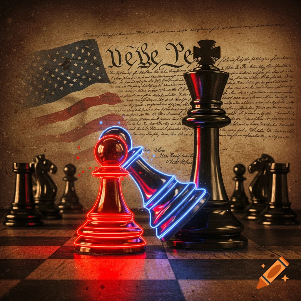 Red neon pawn checkmating a black king, with a US flag and Constitution text in the background.