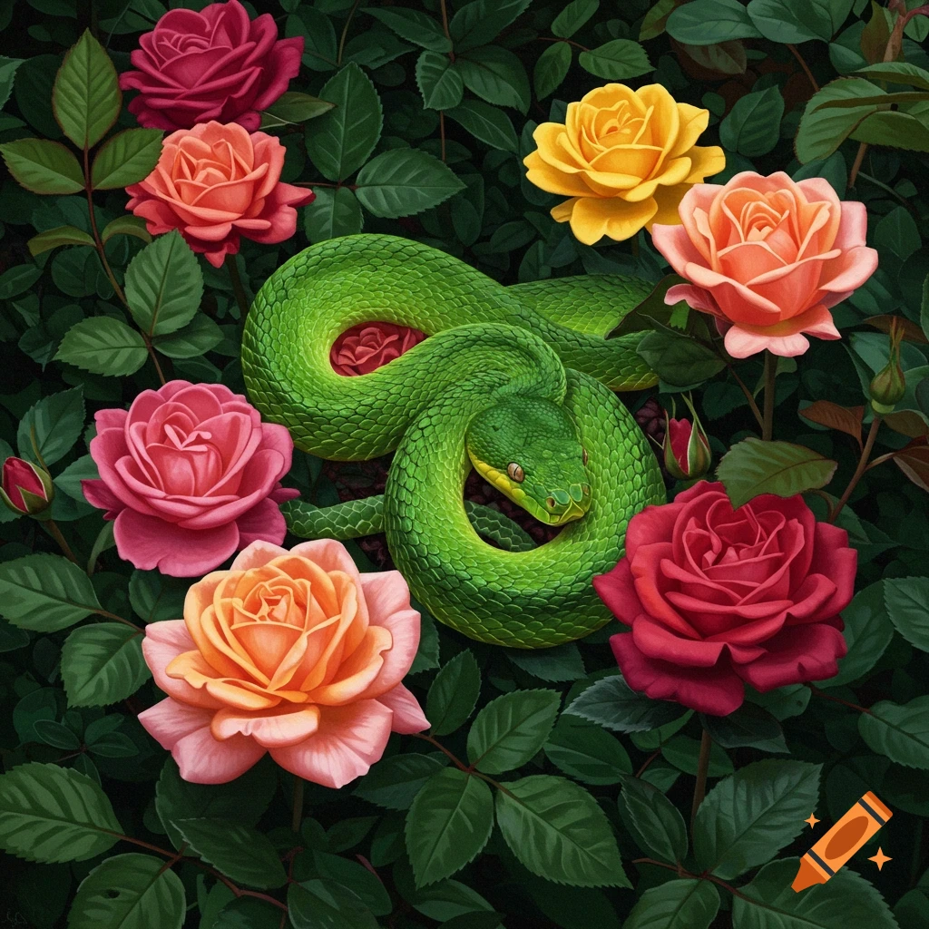 A green snake curled among colorful roses and green leaves.