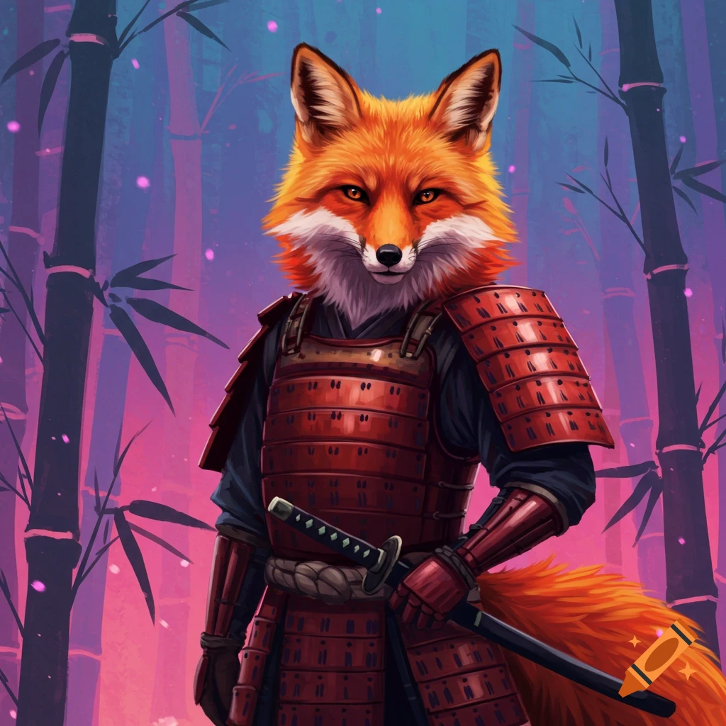 An anthropomorphic fox wearing red samurai armor and holding a sword, standing in a bamboo forest.