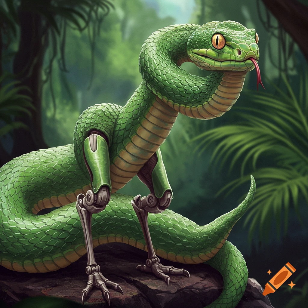 A green snake with robotic arms and legs stands on a log in a jungle.