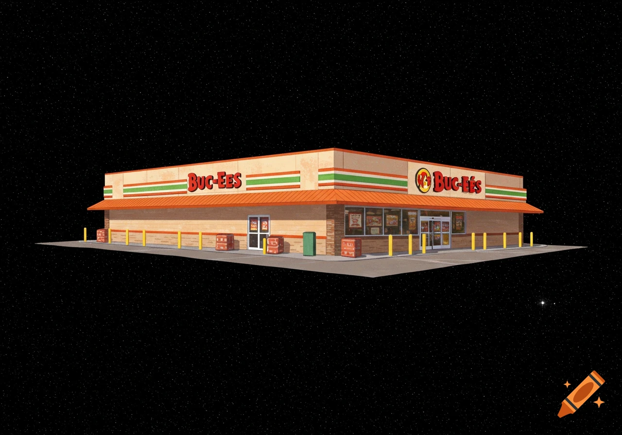 A Buc-ees convenience store floating in space against a starry background.