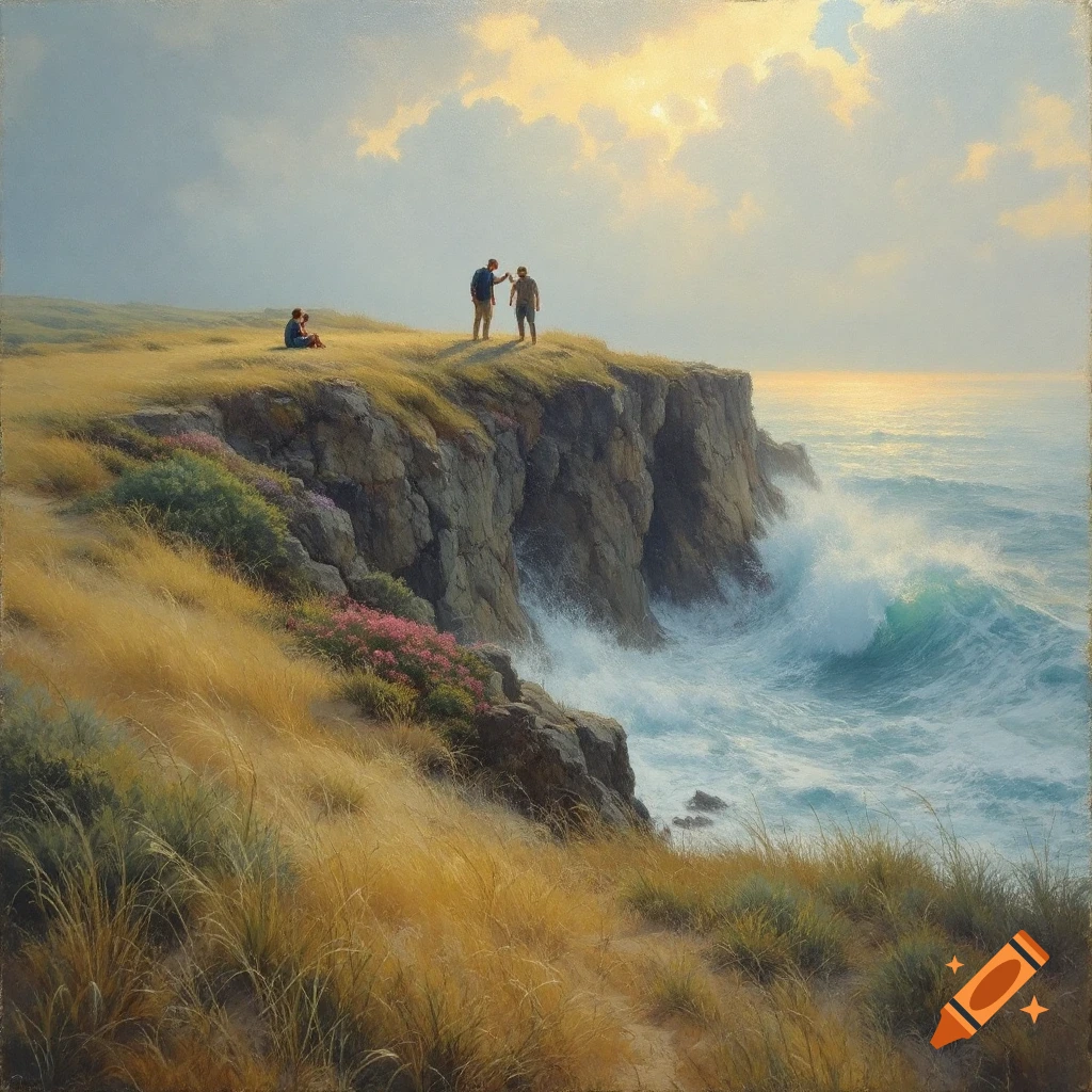 A few people stand on a grassy cliff overlooking the ocean at sunset in a painting style.