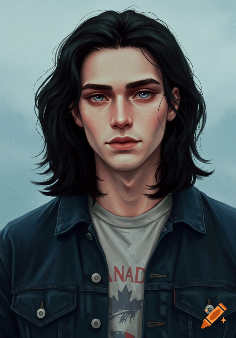 Portrait of a young man with long black hair, blue eyes, wearing a denim jacket and t-shirt