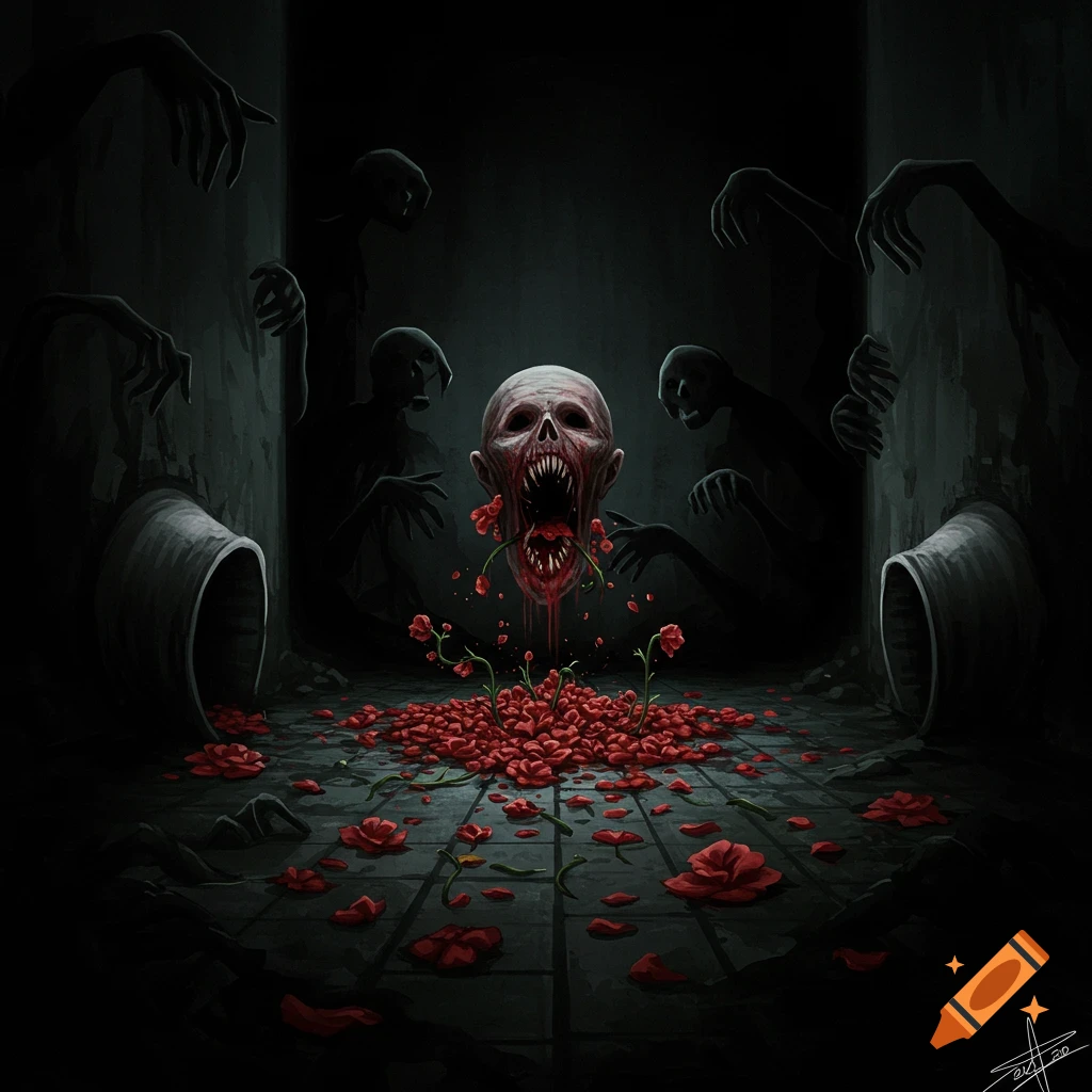 A monstrous head with sharp teeth and blood is depicted over red flowers, surrounded by shadowy figures in a dark room.