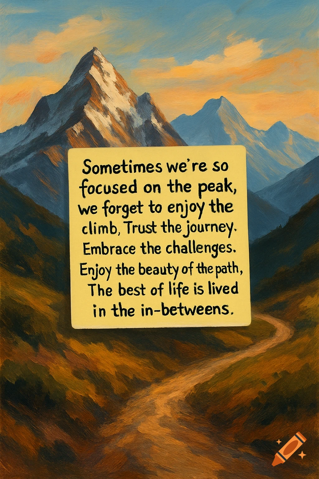 A scene featuring mountains and a winding path, with a yellow sticky note displaying an inspirational quote in the foreground.