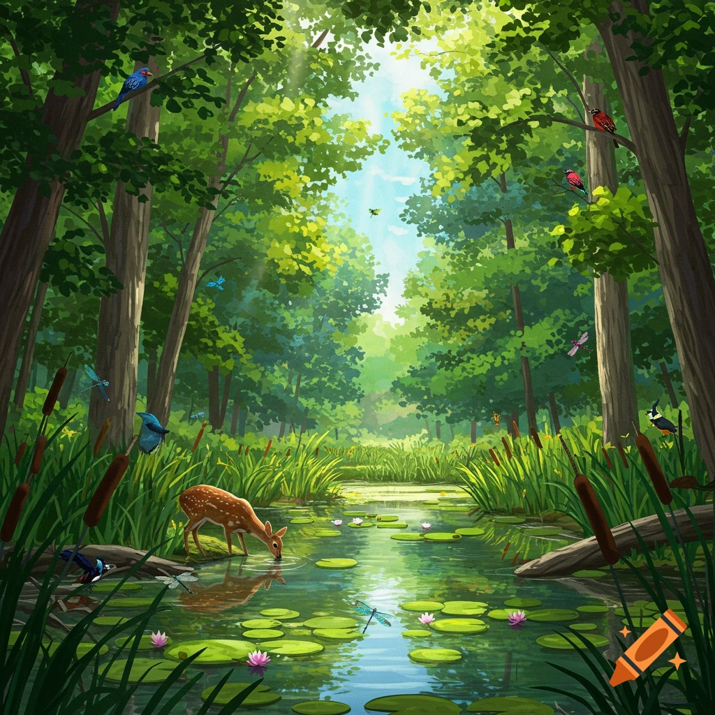 A deer drinking from a pond in a sunny forest with birds and dragonflies.