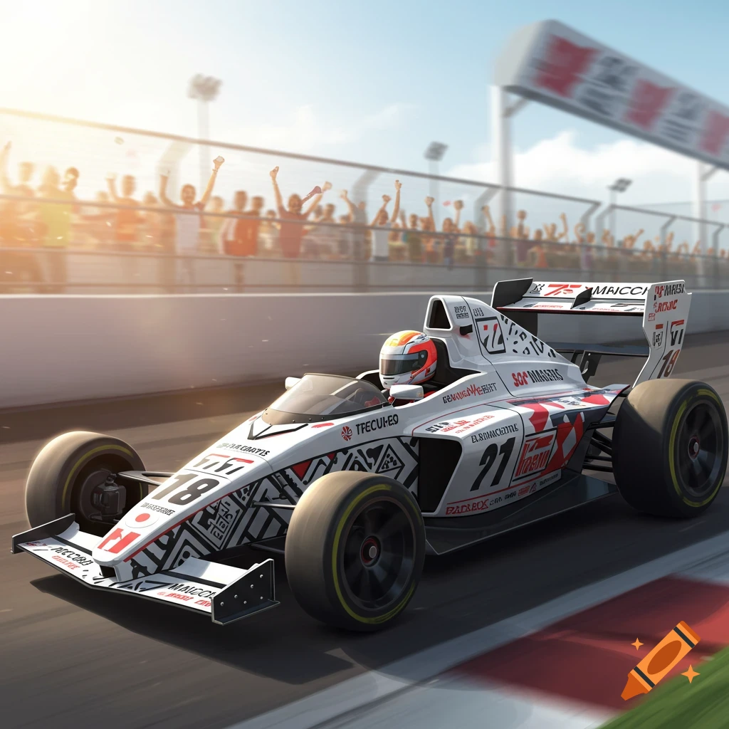 A white and red formula-style race car on a track with cheering spectators in the background.