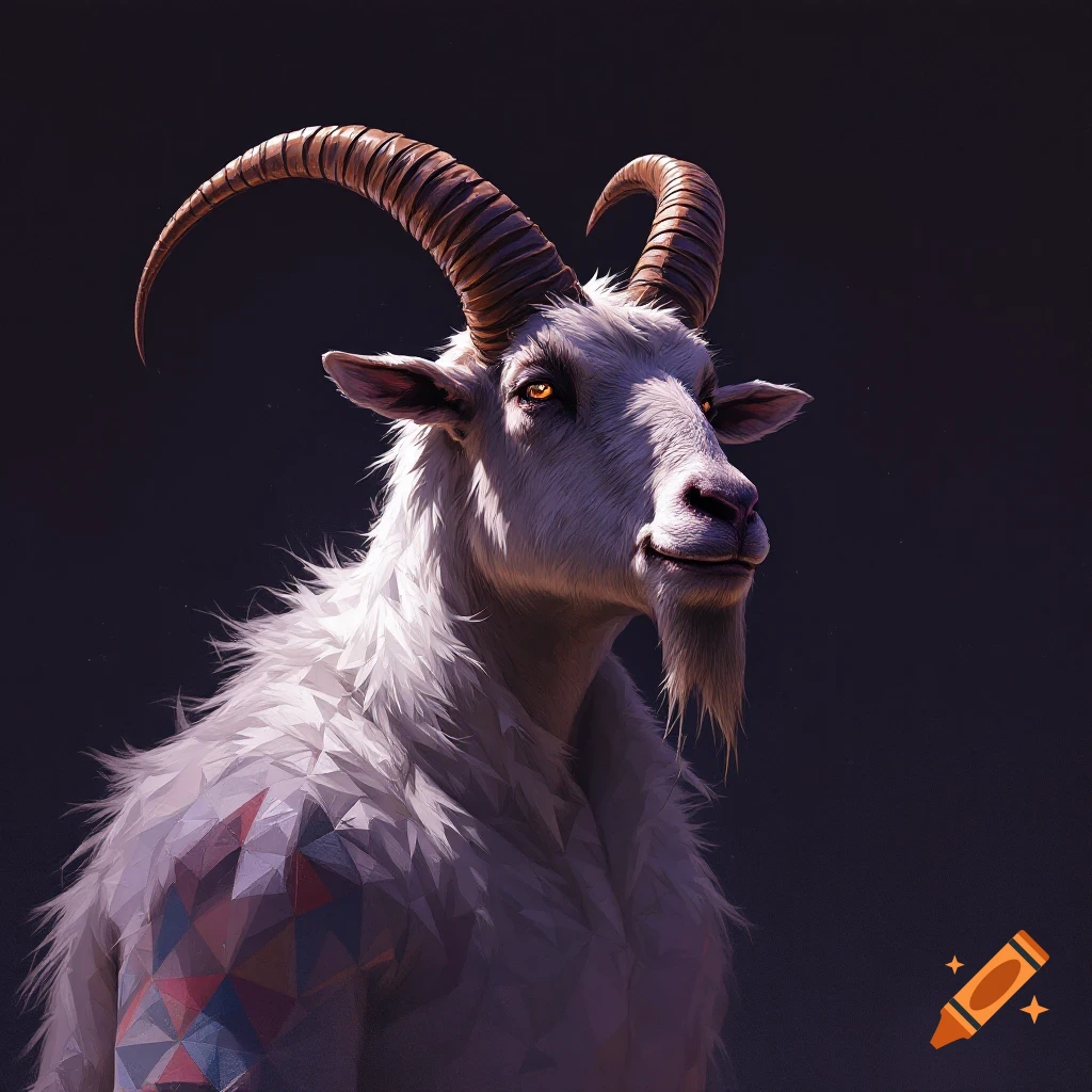 A white anthropomorphic goat with large horns and a geometric pattern on its arm.