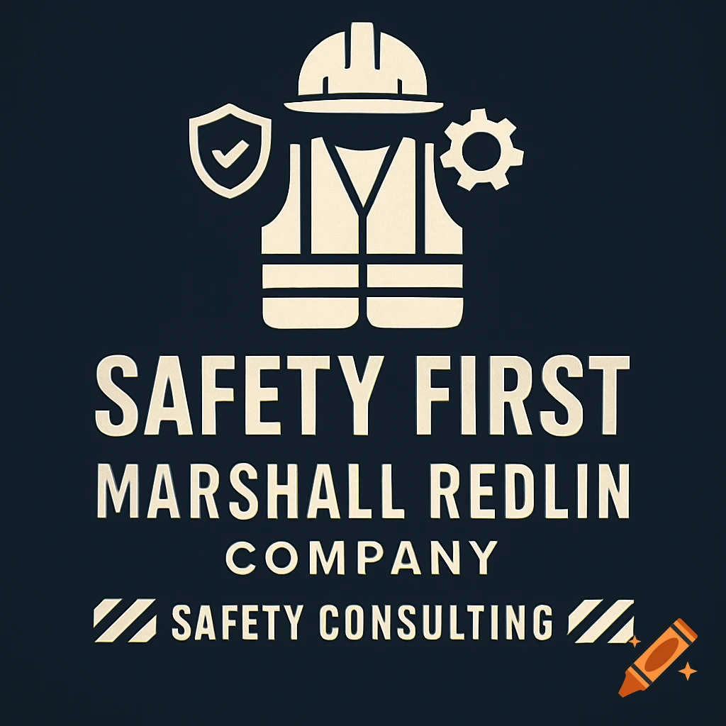 Logo for Marshall Redlin Company featuring a hard hat, vest, shield, gear, and text 'SAFETY FIRST MARSHALL REDLIN COMPANY SAFETY CONSULTING'