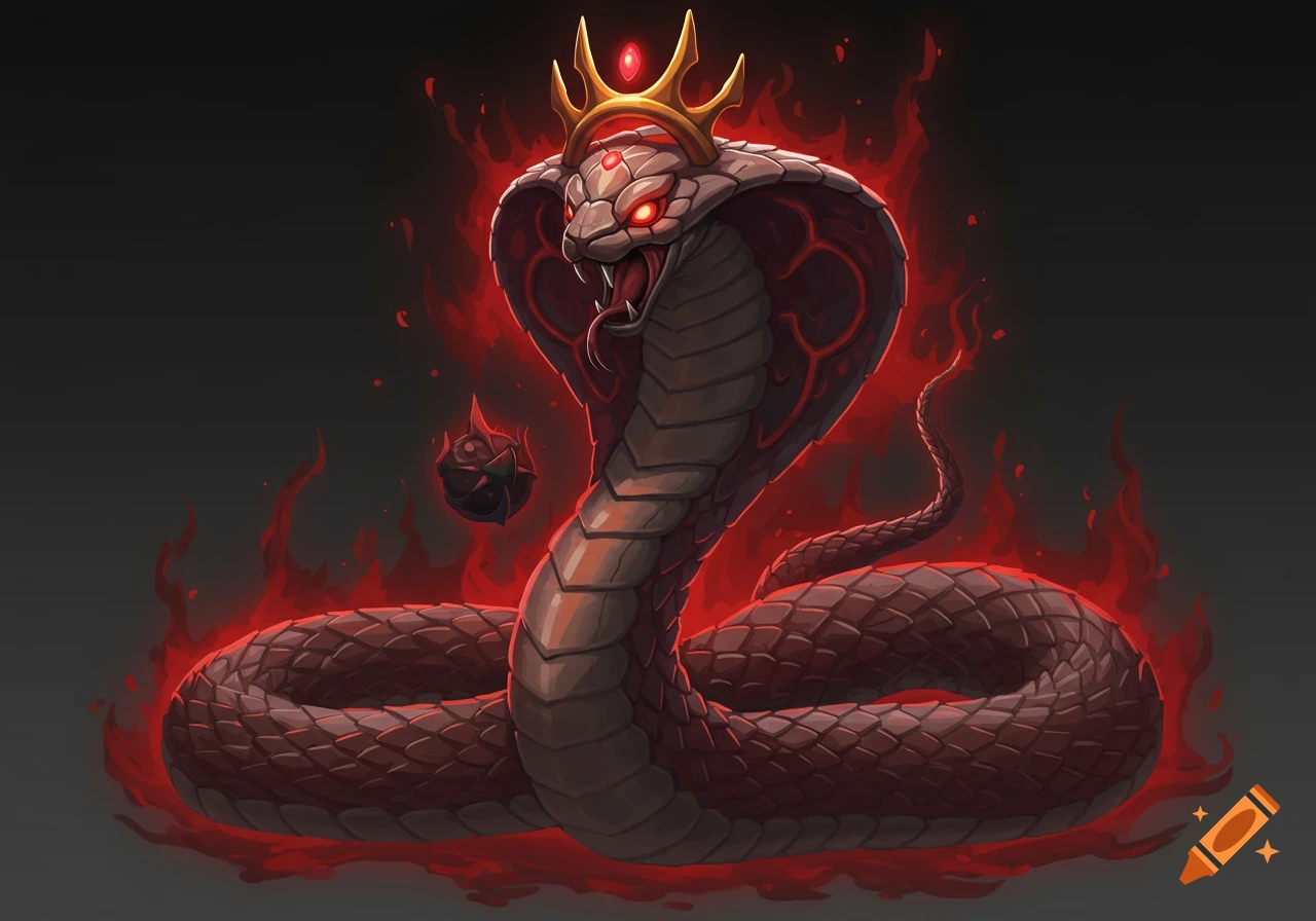 Stylized King Cobra with gold crown and red energy.