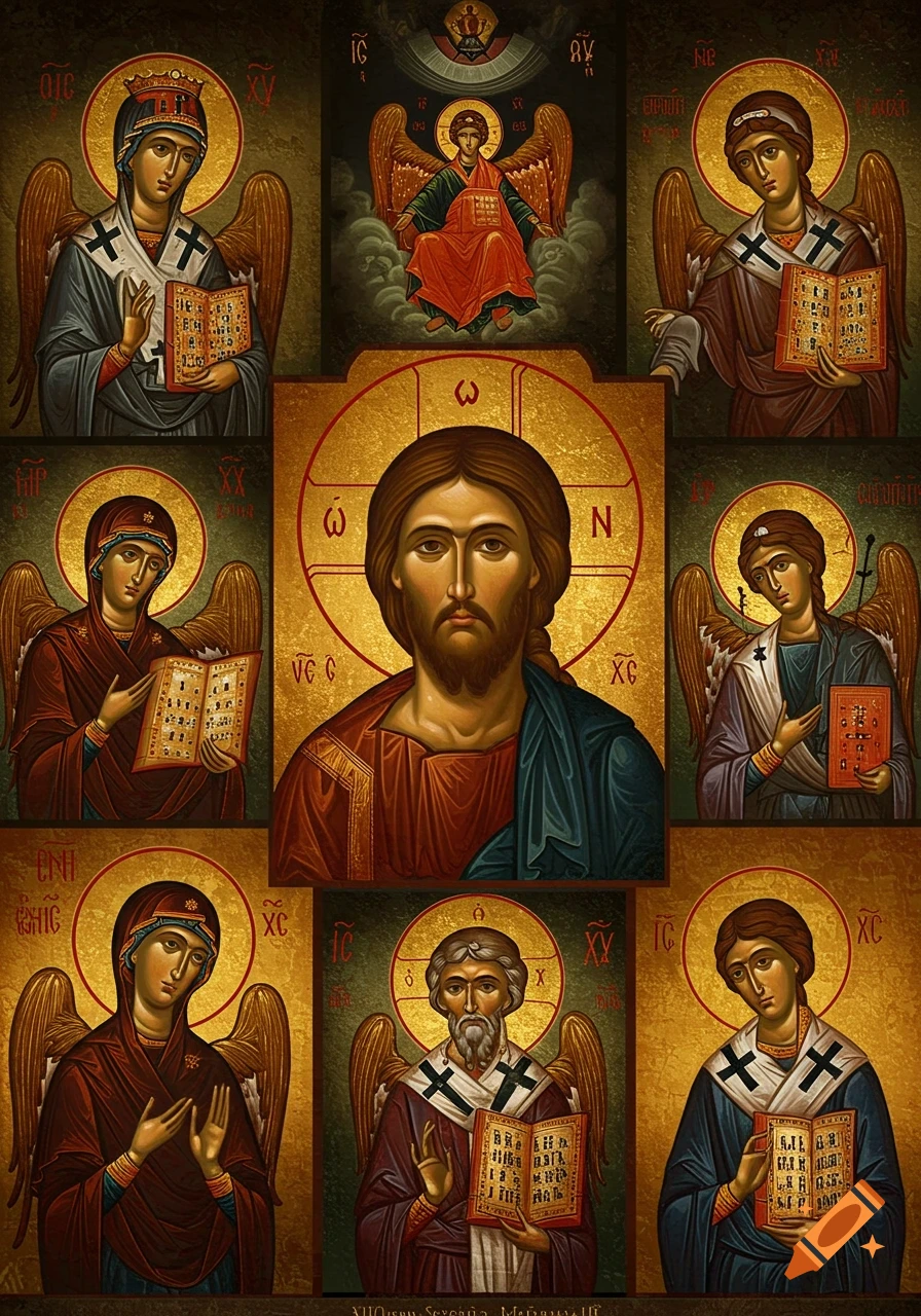 Orthodox icons, featuring Christ surrounded by saints or angels