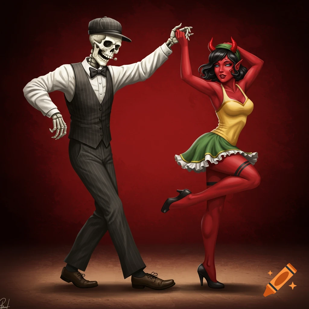 A skeleton in a vest and cap dances with a red-skinned devil girl in a skirt and top.