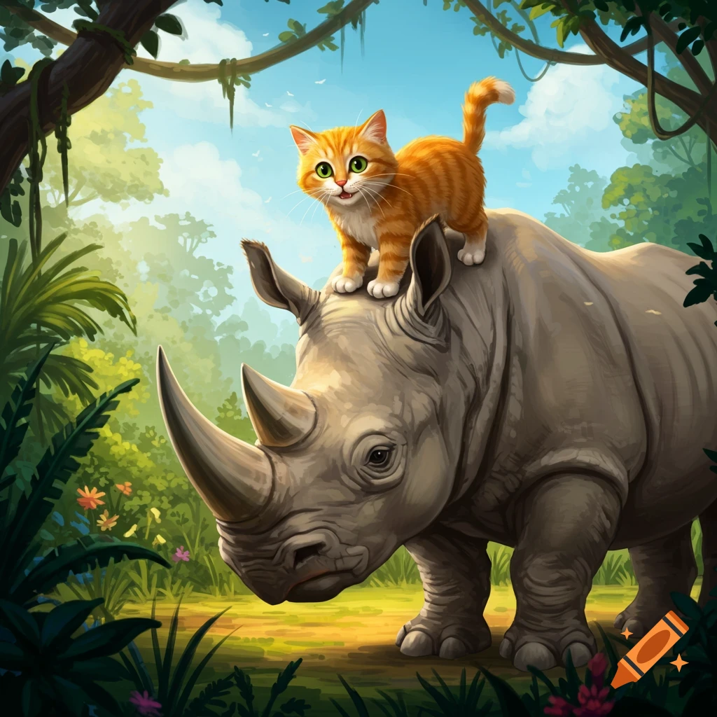 An orange cat stands on the back of a rhino in a lush jungle clearing.