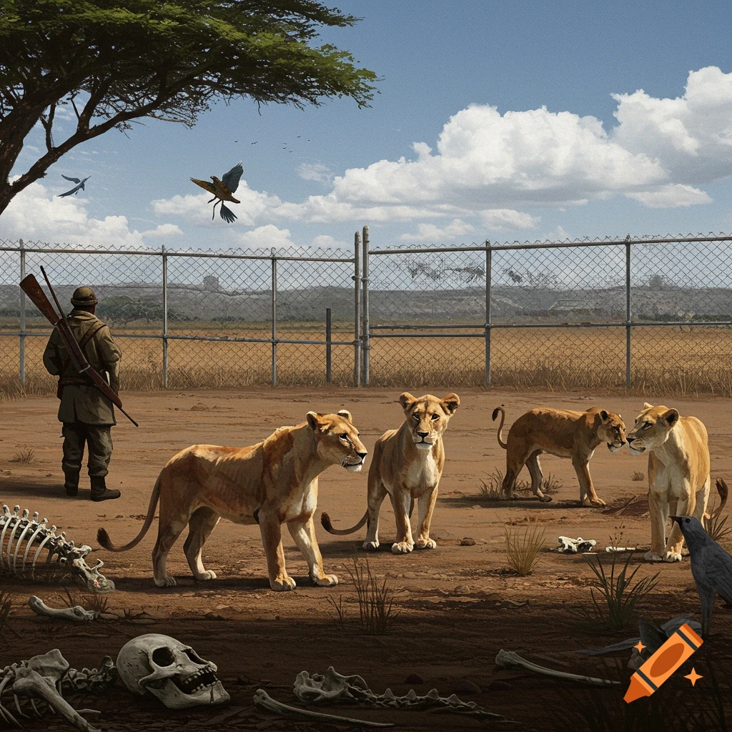 Lions and a hunter near animal bones in a dry landscape with a fence.