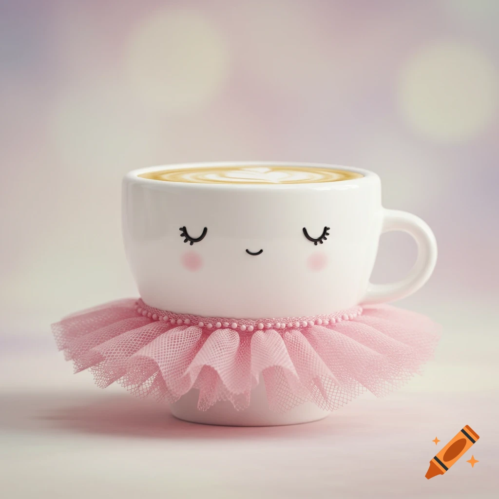 Cute white coffee cup with simple face and pink cheeks, wearing a pink tulle tutu.