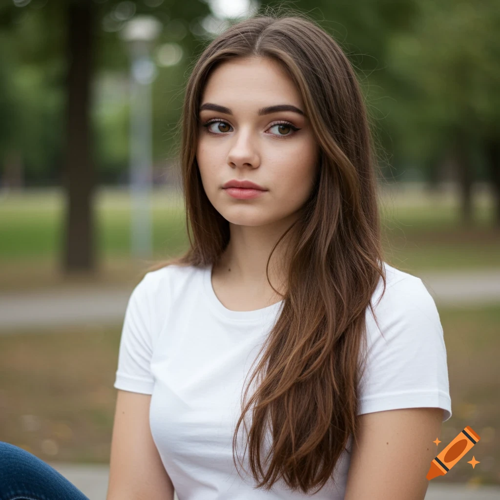 Photorealistic portrait of a young woman with brown hair and eyes wearing a white t-shirt in a park.
