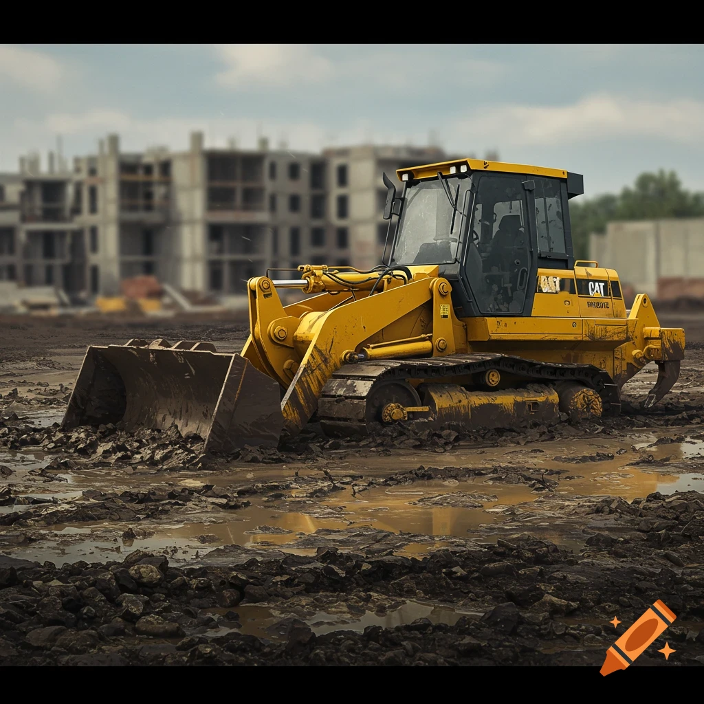 A yellow CAT bulldozer is stuck in deep mud at a construction site.