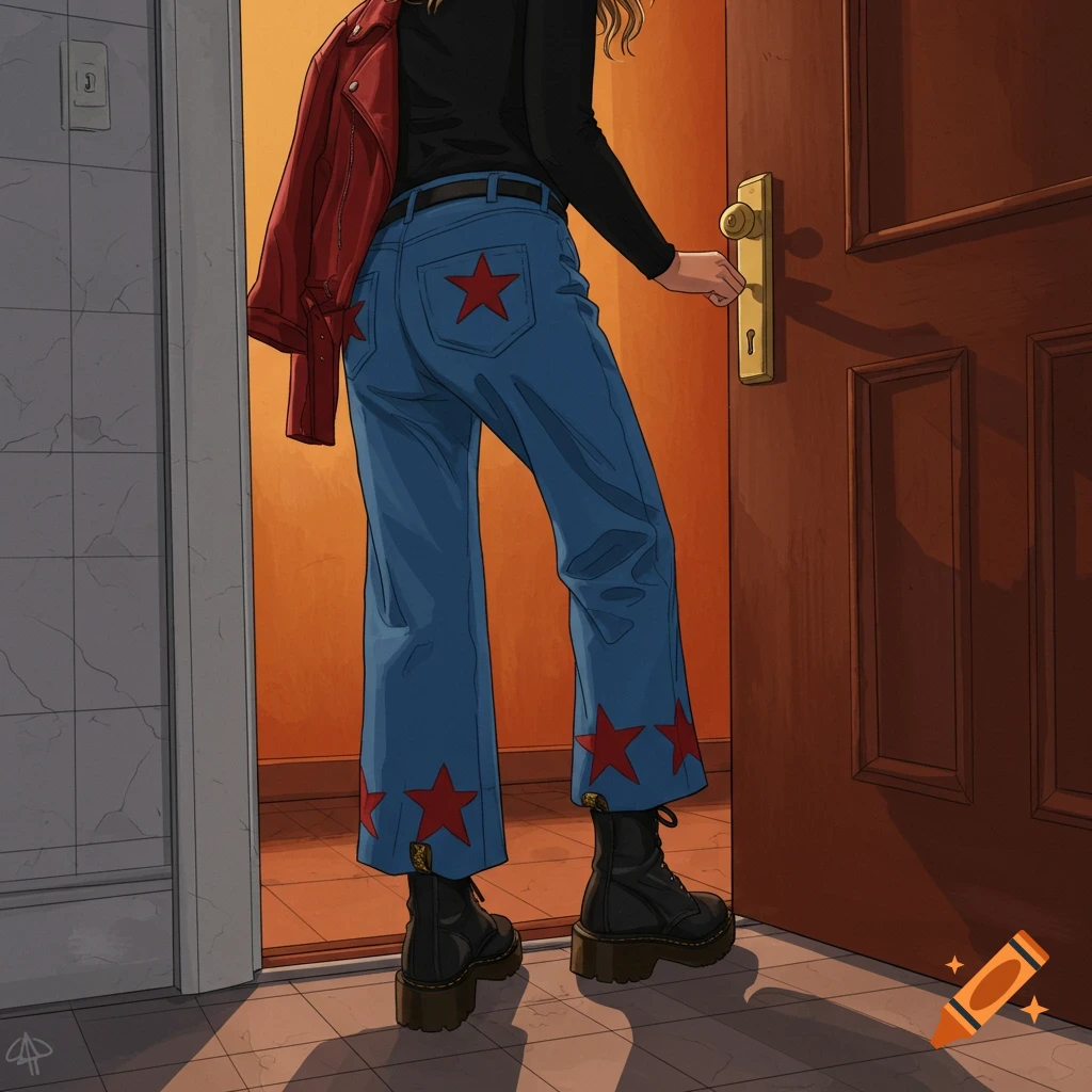 Person in blue star jeans, black boots, and red jacket opening a door.